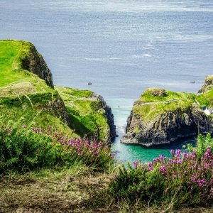 a body of water surrounded by a lush green hillside